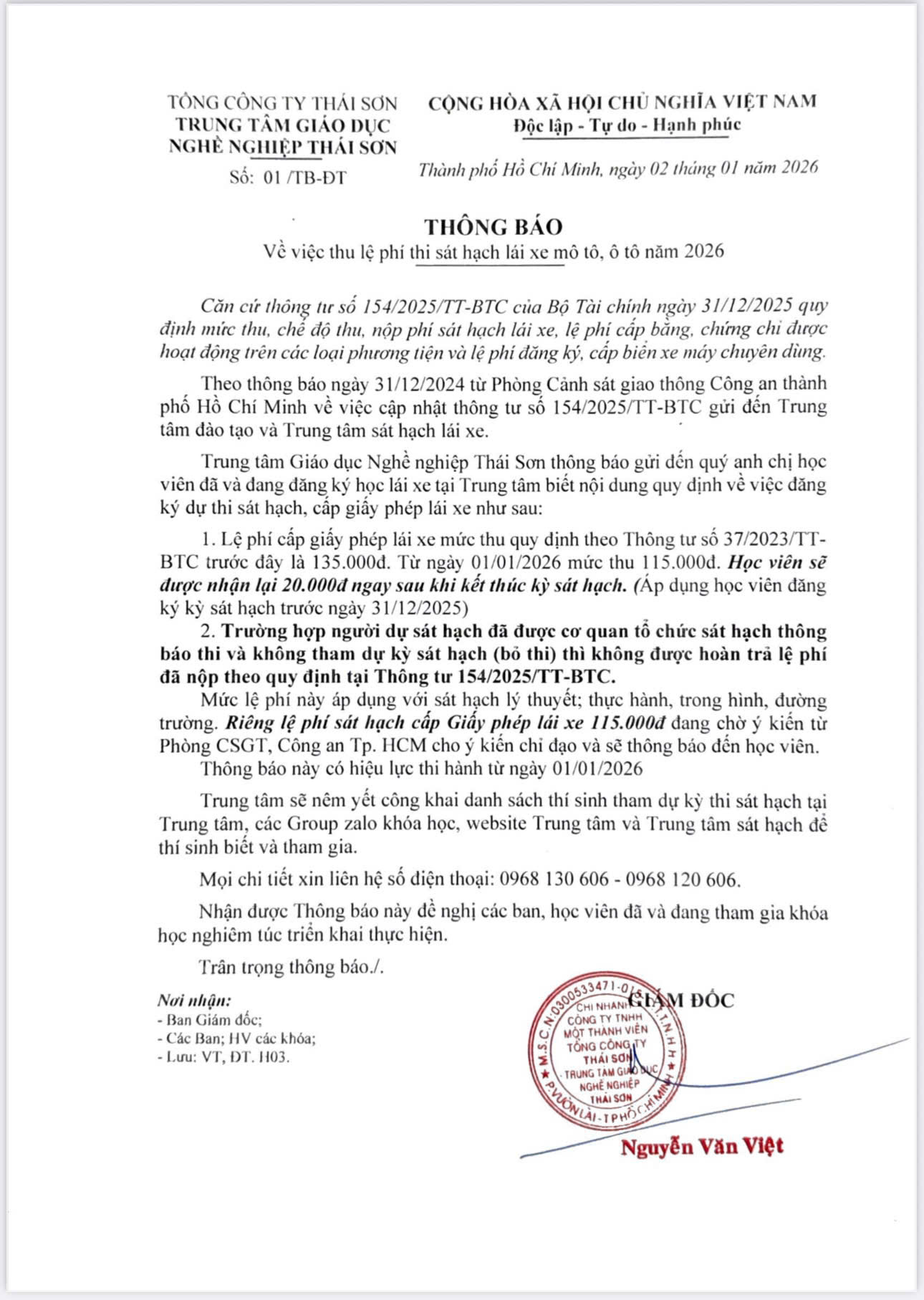 Thông báo về việc thu lệ phí sát hạch lái xe mô tô, ô tô năm 2026